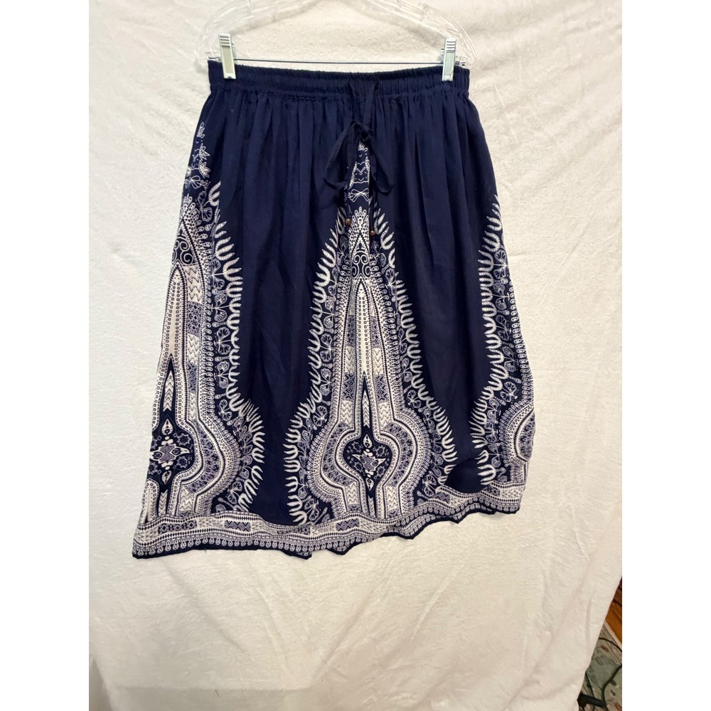 Gypsie Blu Navy Blue Boho Medallion Print Drawstring Midi Skirt Large